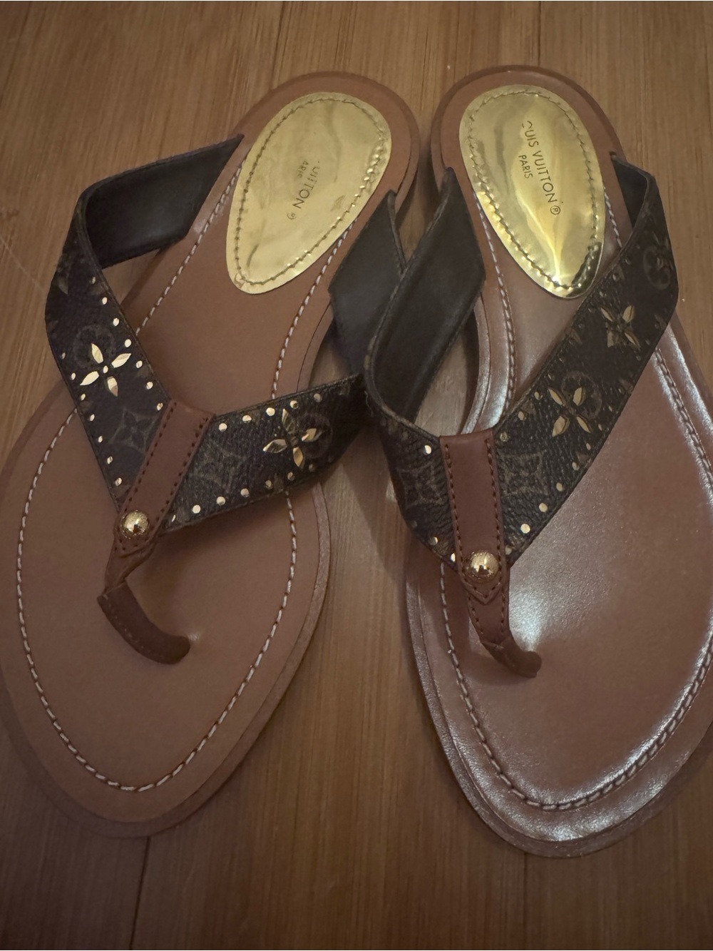 Louis Vuitton Brown and Gold Monogram Thong Sandals